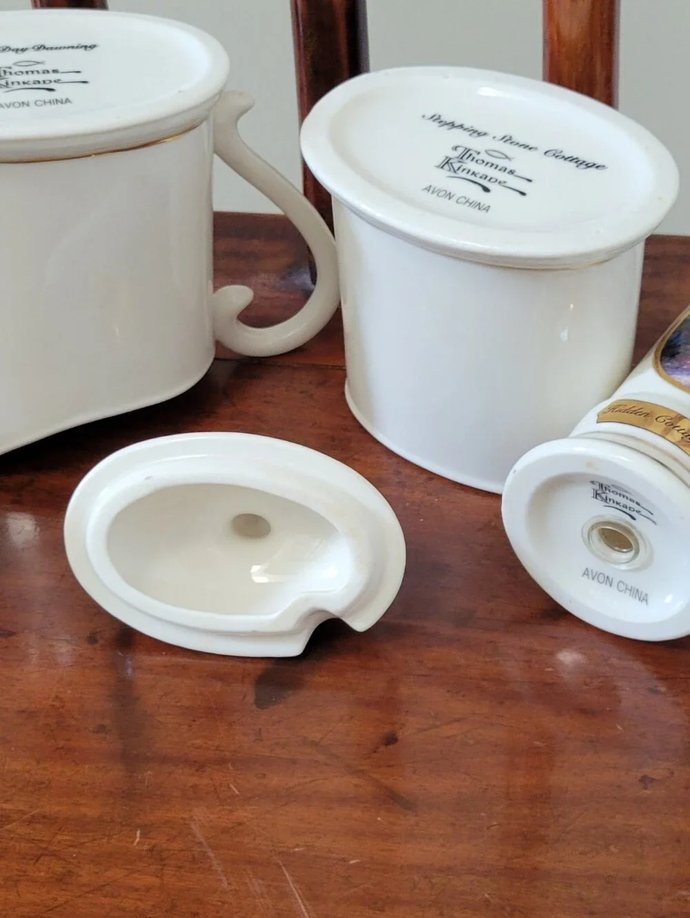 Thomas Kinkade Set of Creamer-Sugar w Lid-Salt and Pepper Shakers/2002 for Avon